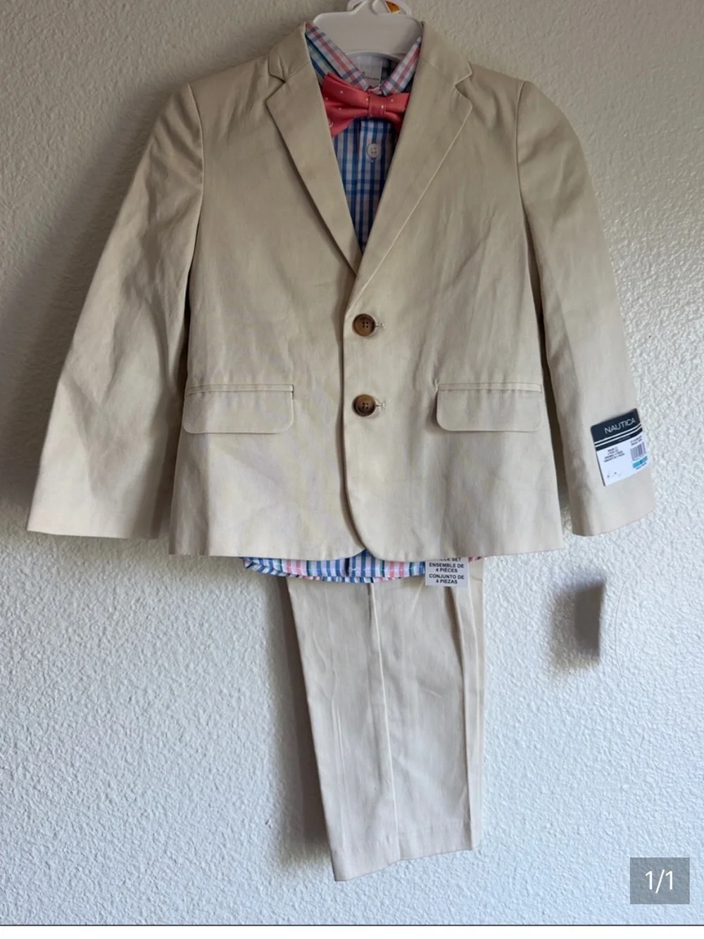 Nautica Cream Boys' 4-Piece Suit with Coral Bow Tie